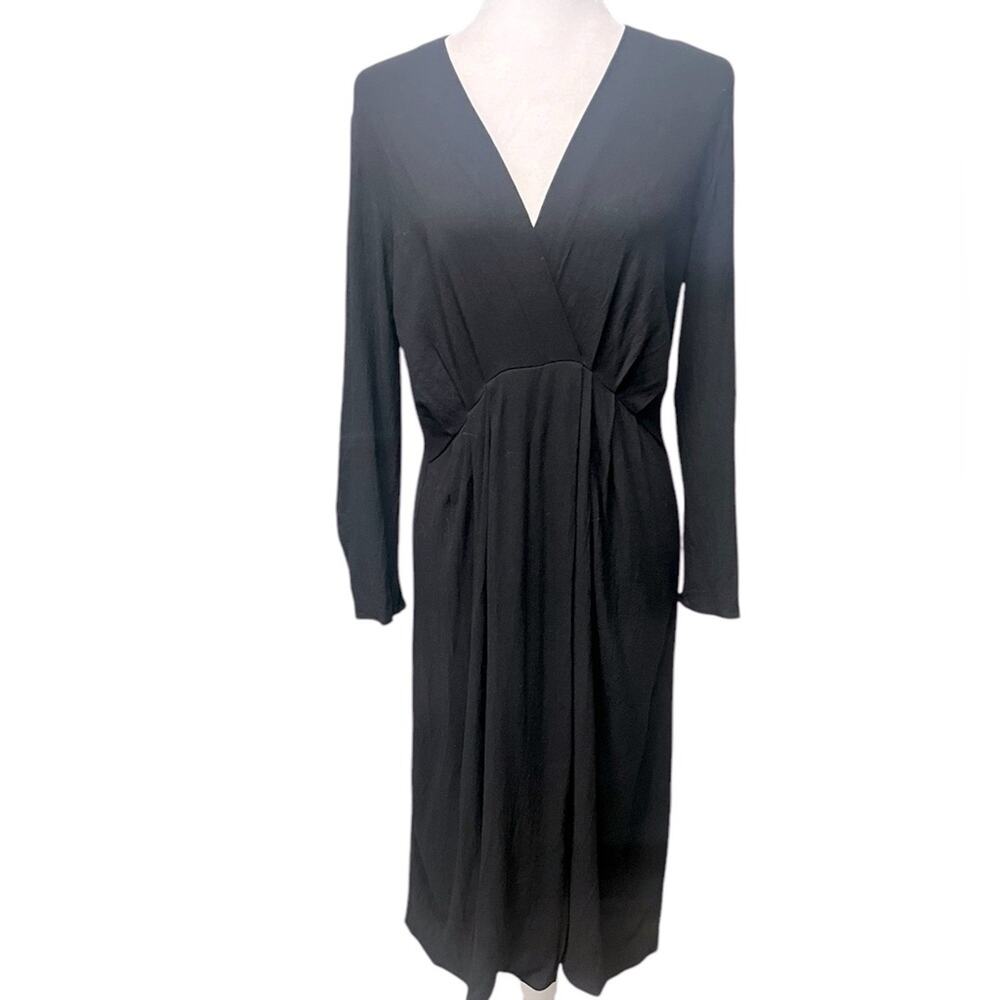 MASSIMO DUTTI Black Wrap Long Sleeve Pleated Midi Dress Women's Size Small